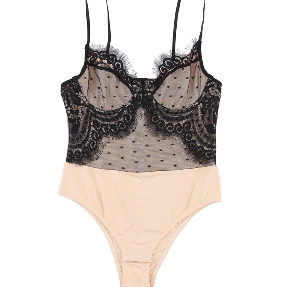 Black Eyelash Lace Trim Dotty Mesh Bodysuit - Picture 8 of 8